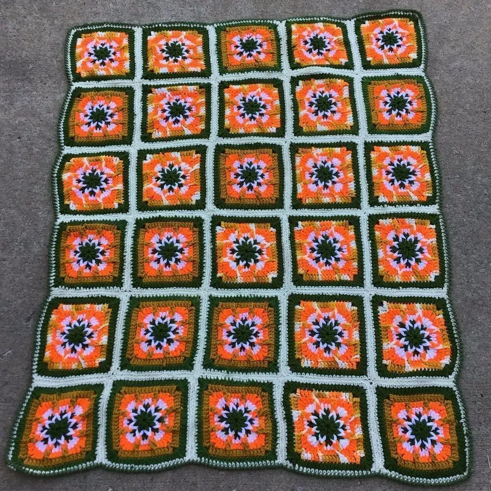 Granny Squares Home Made Crochet Throw Blanket 36” X 44” Good Condition